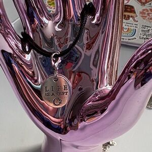 Hand Crafted Life Is A Gift Silver Necklace with Black Cord